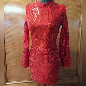 Long Sleeve Sequin Design Form Fitting True Red Dress Size Small